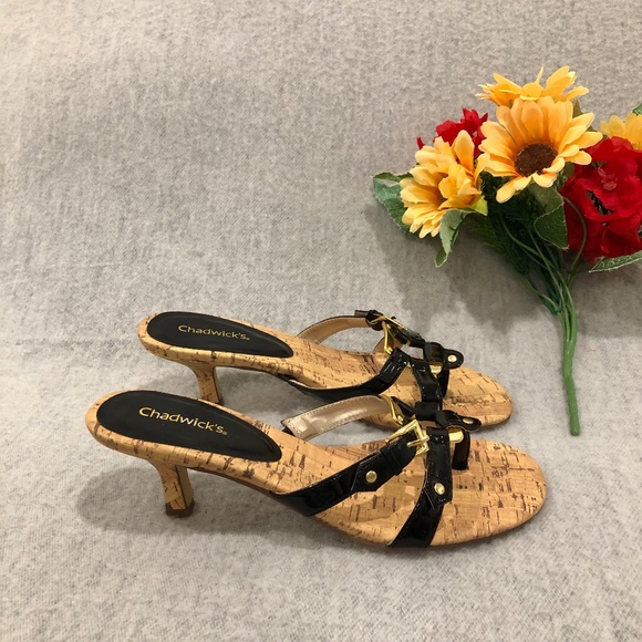 NWOT - Black Patent, Gold, & Cork Thong-Style Heeled Sandals - Picture 1 of 16